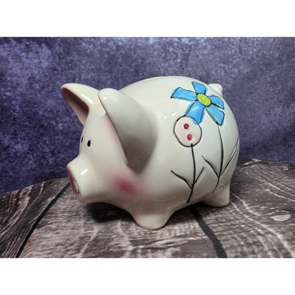 Vintage Ceramic Piggy Bank Floral Hand Painted Cream Blue Pink Green Coin Bank‎